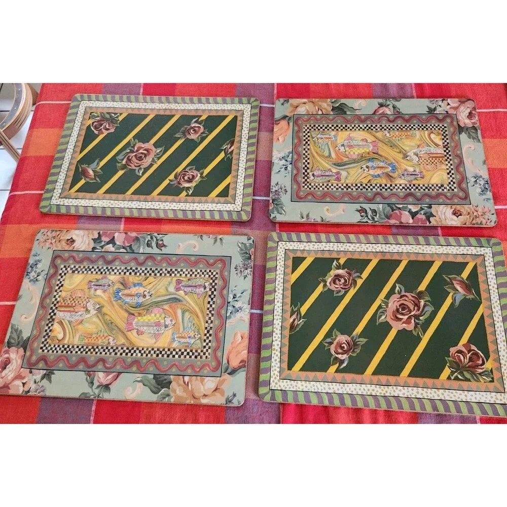 Set of 5 Mackenzie Childs Cork Placemats 3 Courtly Check Fish 2 Roses Floral